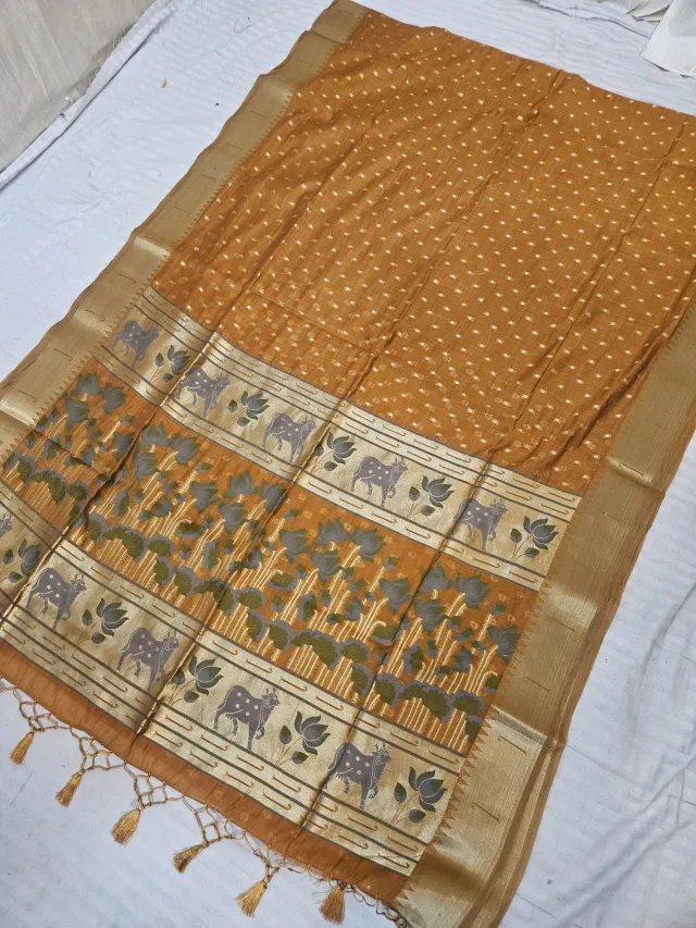 Mustard Yellow Muga Cotton Paithani Cow and Lotus Zari Pallu Soft Silk Saree
