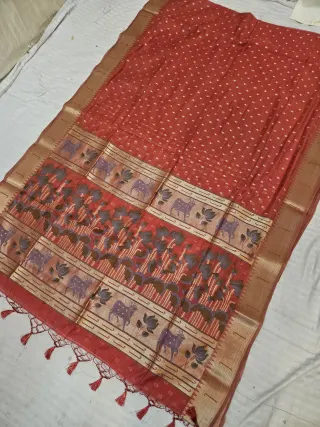 Red Muga Cotton Paithani Cow and Lotus Zari Pallu Soft Silk Saree