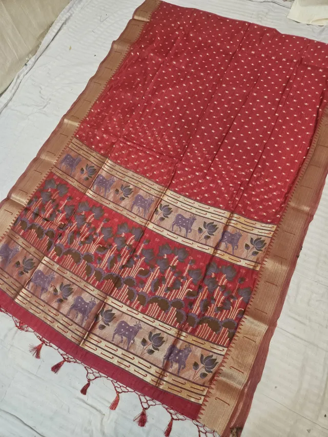 Carmine Red Muga Cotton Paithani Cow and Lotus Zari Pallu Soft Silk Saree
