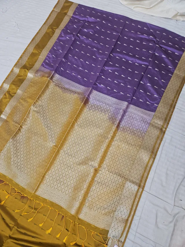 Purple Zari Par Mustard Yellow Brocade Pallu Soft Silk Saree