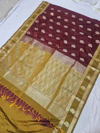 Chocolate Brown Zari Par Mustard Yellow Brocade Pallu Soft Silk Saree