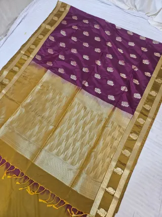 Wine Plum Zari Par Mustard Yellow Brocade Pallu Soft Silk Saree