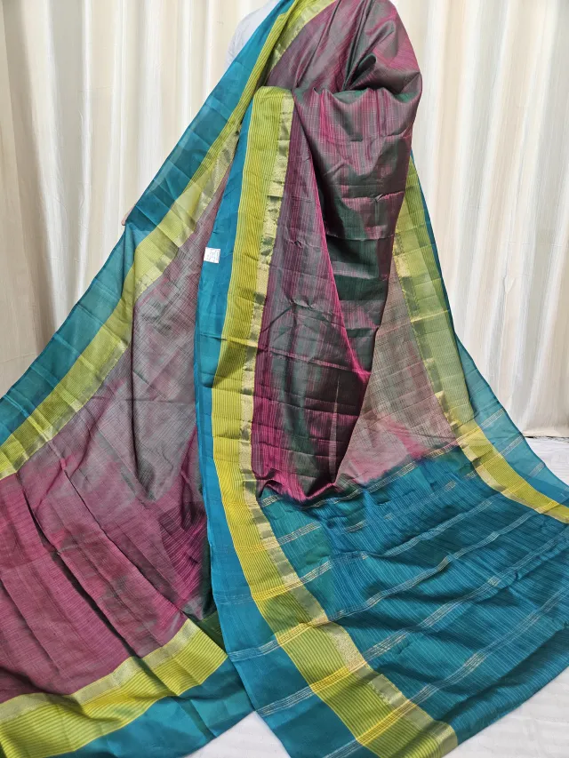 Dual-Tone Magenta and Peacock Blue Gadwal Pure Stripe Mulberry Silk Saree