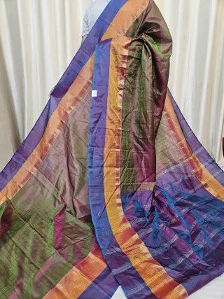 Dual-Tone Olive and Royal Blue Gadwal Pure Stripe Mulberry Silk Saree
