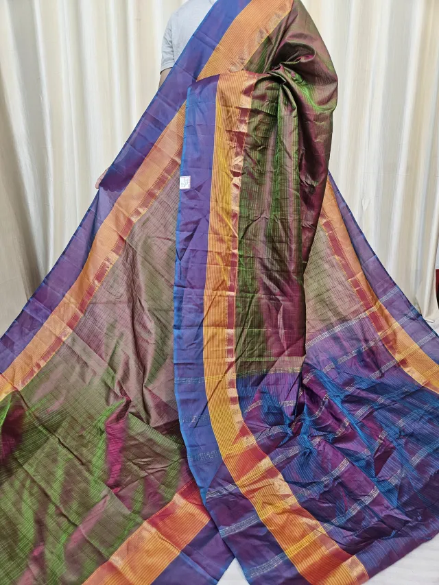 Dual-Tone Olive and Royal Blue Gadwal Pure Stripe Mulberry Silk Saree