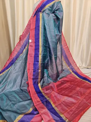 Dual-Tone Slate Teal and Rani Pink Gadwal Pure Stripe Mulberry Silk Saree