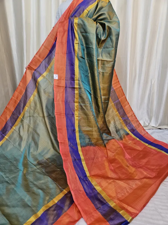 Dual-Tone Bronze Teal and Tangerine Orange Gadwal Pure Stripe Mulberry Silk Saree