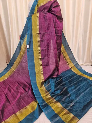 Dual-Tone Magenta Wine and Peacock Blue Gadwal Pure Stripe Mulberry Silk Saree