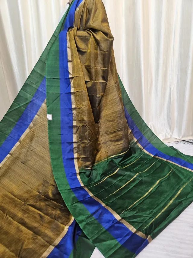 Dual-Tone Mustard Brown and Emerald Green Gadwal Pure Stripe Mulberry Silk Saree