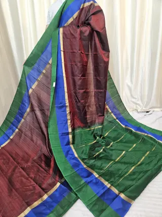 Dual-Tone Crimson Wine and Emerald Green Gadwal Pure Stripe Mulberry Silk Saree