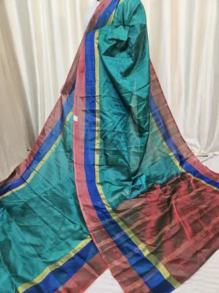 Dual-Tone Sea Teal and Crimson Wine Gadwal Pure Stripe Mulberry Silk Saree