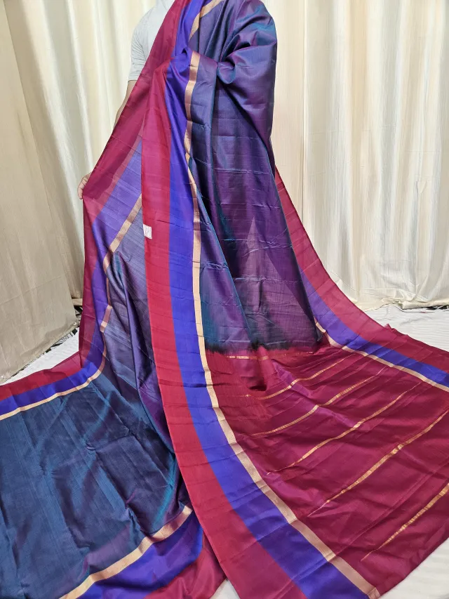 Dual-Tone Royal Purple and Magenta Gadwal Pure Stripe Mulberry Silk Saree