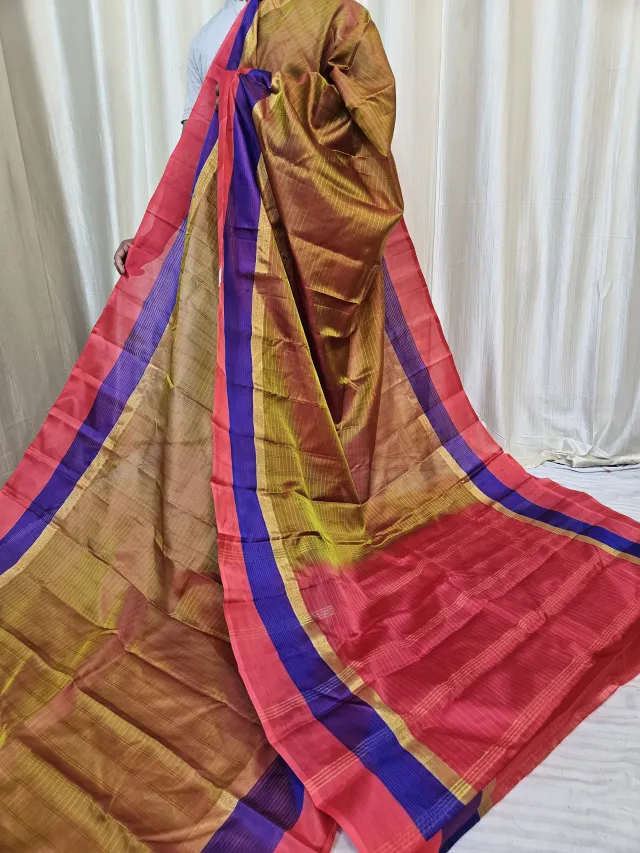 Dual-Tone Mustard Yellow and Crimson Red Gadwal Pure Stripe Mulberry Silk Saree