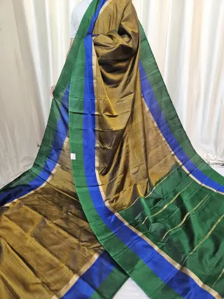 Dual-Tone Olive Green and Emerald Green Gadwal Pure Stripe Mulberry Silk Saree