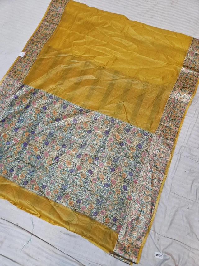 Turmeric Mustard Yellow Pure Tussar Paithani Bird and Floral Zari Pallu Saree