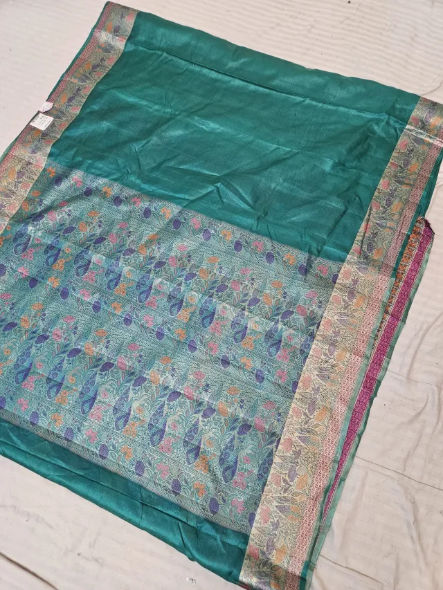Peacock Green Pure Tussar Paithani Bird and Floral Zari Pallu Saree
