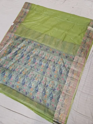Parrot Green Pure Tussar Paithani Peacock and Floral Zari Pallu Saree