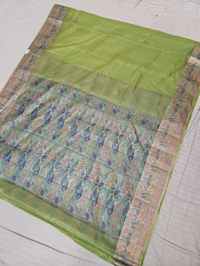 Parrot Green Pure Tussar Paithani Peacock and Floral Zari Pallu Saree