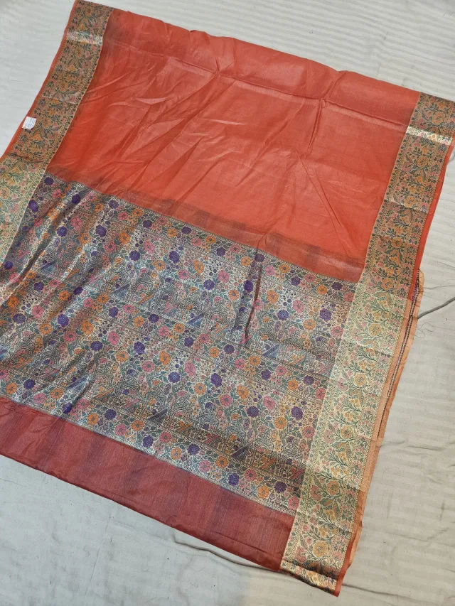 Tangerine Orange Pure Tussar Paithani Bird and Floral Zari Pallu Saree