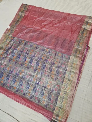 Dusty Rose Pink Pure Tussar Paithani Peacock and Floral Zari Pallu Saree