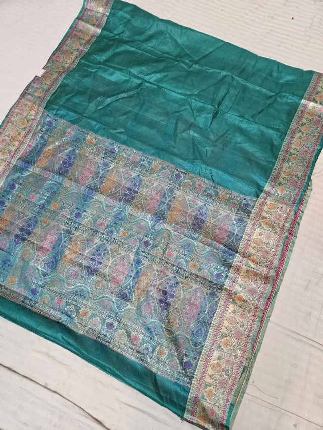 Peacock Teal Pure Tussar Paithani Peacock and Floral Zari Pallu Saree