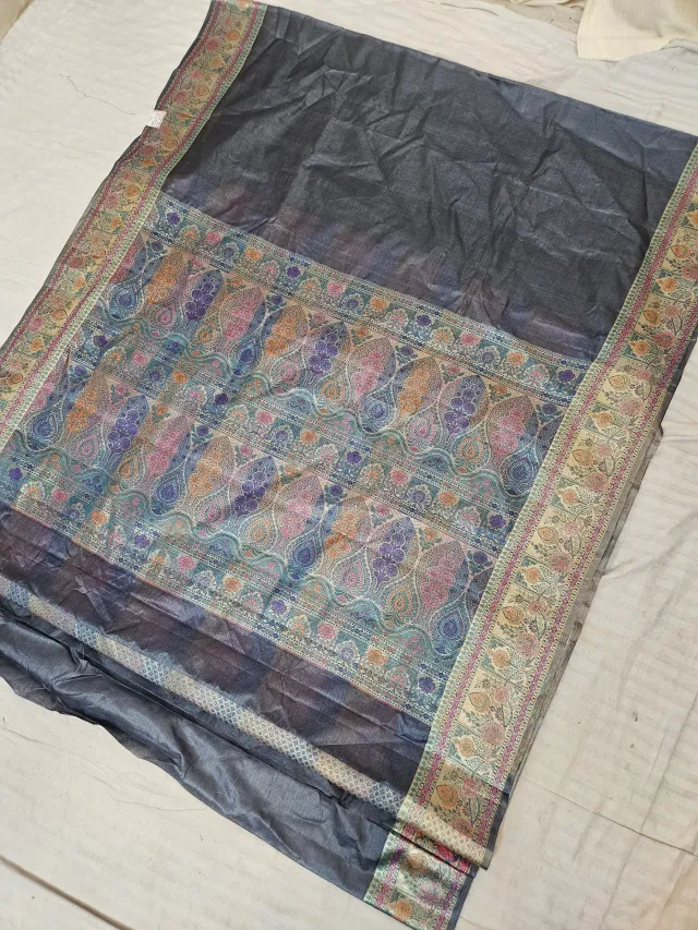 Charcoal Black Pure Tussar Paithani Peacock and Floral Zari Pallu Saree