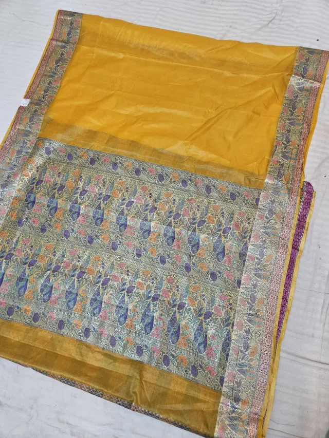 Mango Yellow Pure Tussar Paithani Peacock and Floral Zari Pallu Saree