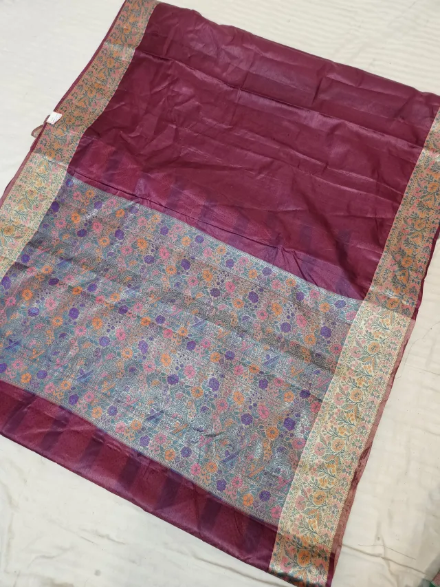 Wine Plum Pure Tussar Paithani Bird and Floral Zari Pallu Saree