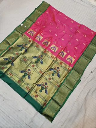 Pink Dual Tone with Yellow Pure Mulberry Silk Paithani Peacock Zari Pallu Saree