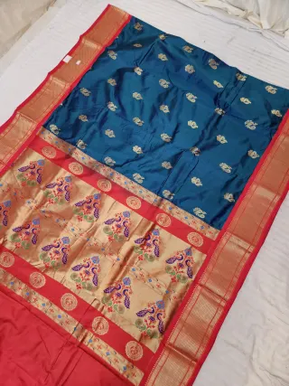 Krishna Blue Pure Mulberry Silk Paithani Peacock Zari Pallu Saree