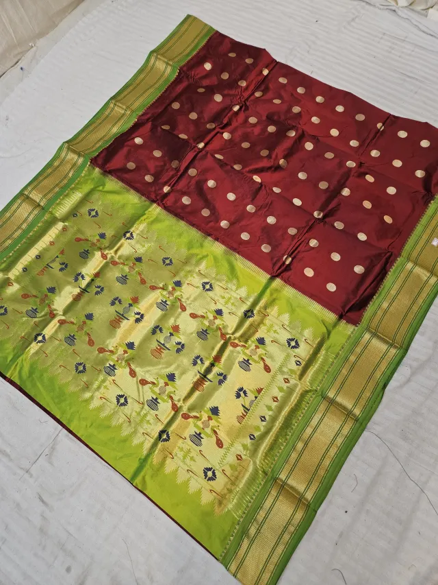 Maroon with Lemon Green Pure Mulberry Silk Paithani Coin Buti Zari Pallu Saree