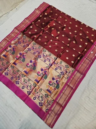 Maroon with Rani Pink Pure Mulberry Silk Paithani Coin Buti Zari Pallu Saree