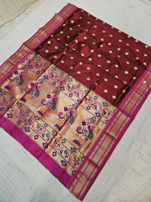 Maroon with Rani Pink Pure Mulberry Silk Paithani Coin Buti Zari Pallu Saree