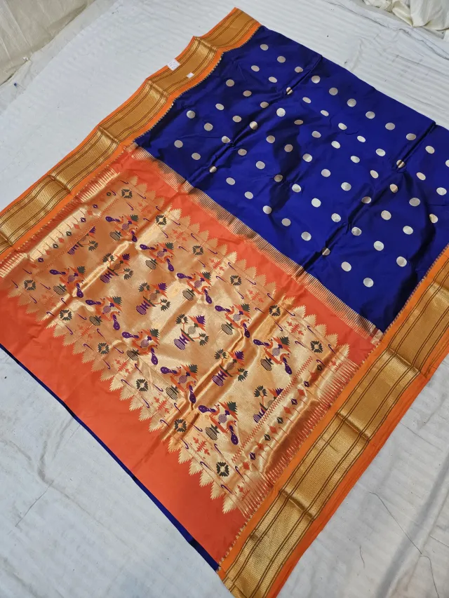 Royal Blue with Orange Pure Mulberry Silk Paithani Coin Buti Zari Pallu Saree