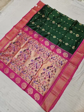 Bottle Green with Rani Pink Pure Mulberry Silk Paithani Peacock Zari Pallu Saree