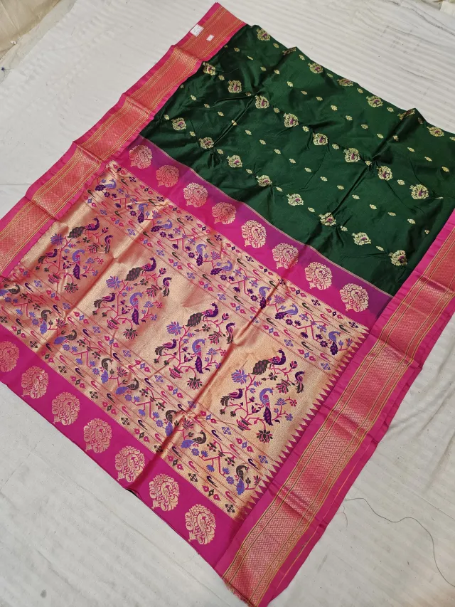 Bottle Green with Rani Pink Pure Mulberry Silk Paithani Peacock Zari Pallu Saree