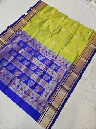Lemon Green with Royal Blue Pure Mulberry Silk Paithani Peacock Zari Pallu Saree