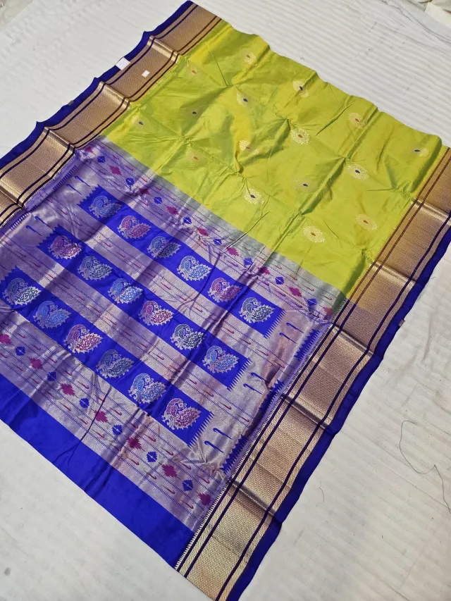 Lemon Green with Royal Blue Pure Mulberry Silk Paithani Peacock Zari Pallu Saree
