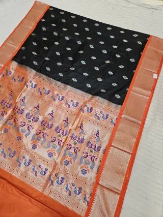 Black with Rustic Orange Pure Mulberry Silk Paithani Peacock Zari Pallu Saree