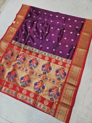 Deep Wine with Red Pure Mulberry Silk Paithani Peacock Zari Pallu Saree | Silk Bhes Collections