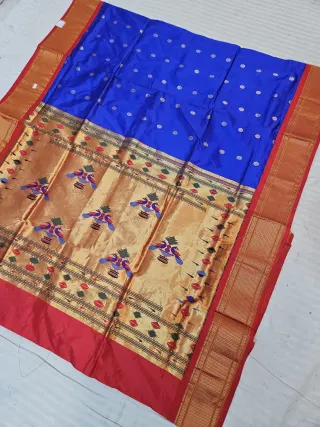 Firoza Blue with Red Pure Mulberry Silk Paithani Peacock Zari Pallu Saree