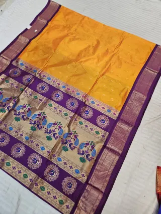 Bright Yellow with Purple Pure Mulberry Silk Paithani Peacock Zari Pallu Saree