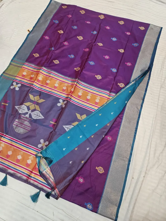 Royal Purple Replica Kalakshetra Soft Silk Saree with Meenakari Buttis and Silver Zari Kalash Pallu