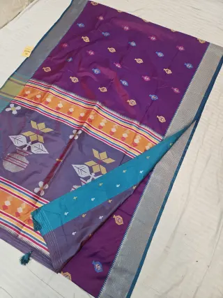 Royal Purple Replica Kalakshetra Soft Silk Saree with Meenakari Buttis and Silver Zari Kalash Pallu