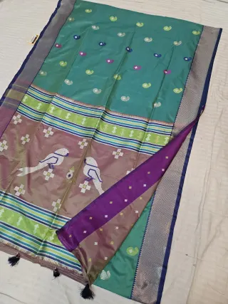 Sea Green Replica Kalakshetra Soft Silk Saree with Meenakari Mango Buttis and Bird Motif Pallu