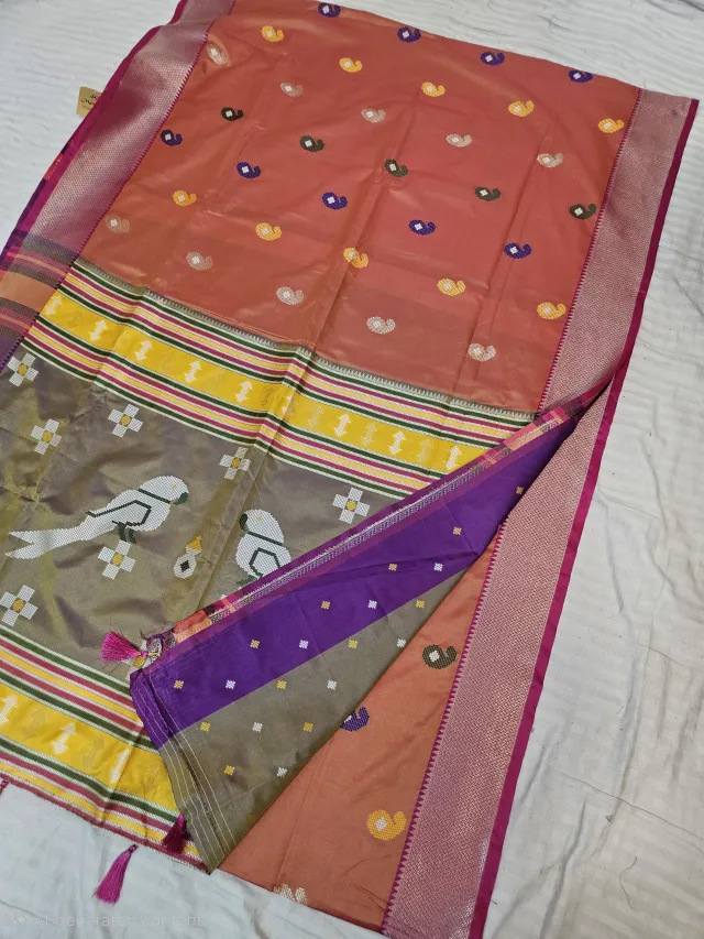 Peach Replica Kalakshetra Soft Silk Saree with Meenakari Mango Buttis and Bird Motif Pallu