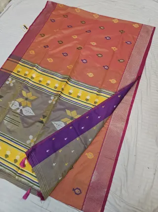 Peach Replica Kalakshetra Soft Silk Saree with Meenakari Buttis and Silver Zari Kalash Pallu