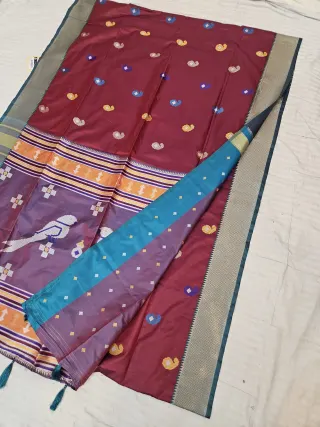 Maroon Red Replica Kalakshetra Soft Silk Saree with Meenakari Mango Buttis and Bird Motif Pallu