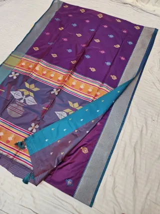 Royal Purple Replica Kalakshetra Soft Silk Saree with Meenakari Buttis and Silver Zari Kalash Pallu