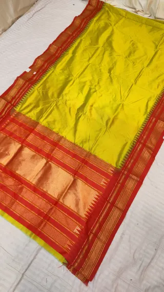 Sunshine Yellow and Vermilion Red Gadwal Pure Mulberry Silk Saree with Traditional Zari Temple Pallu